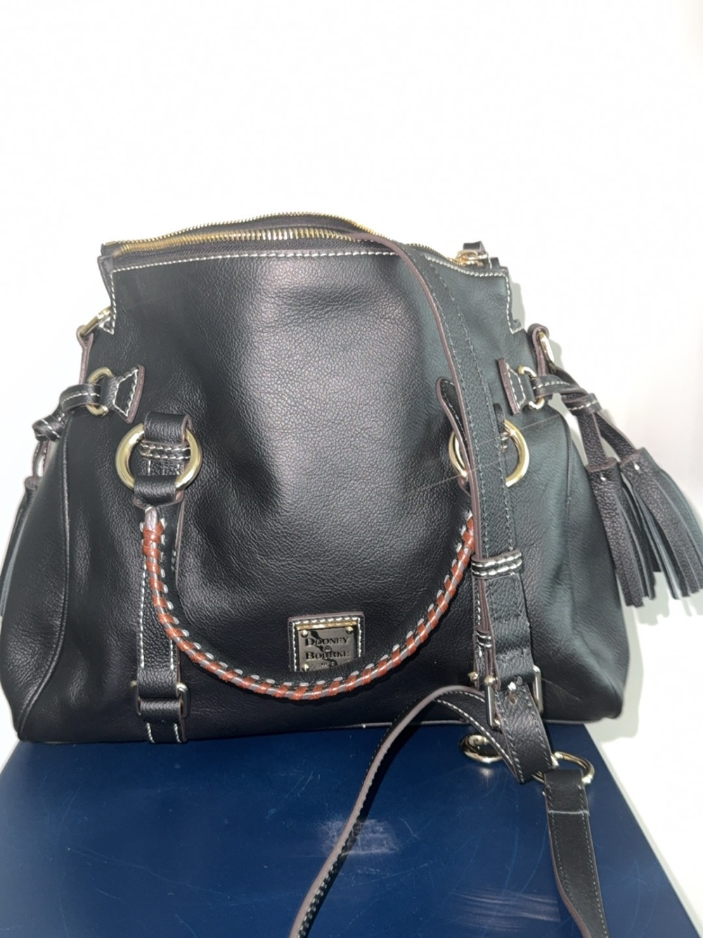 Dooney & Bourke Black Leather Satchel with Braided Handle and Tassel